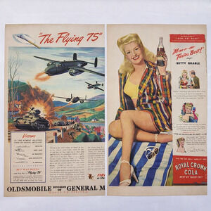 Vtg 50s Magazine Ad Oldsmobile Flying 75 & Betty Grable Royal Crown Cola 2-Sided